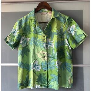 Tommy Bahama 100% Silk Women's Floral Aloha Hawaiian Shirt Green Top Vintage